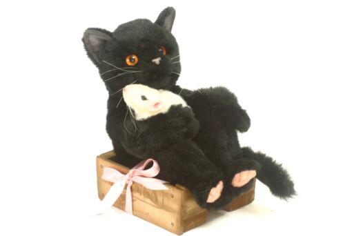 Mooie Zwarte kat in kratje met muis knuffel 22 cm kopen